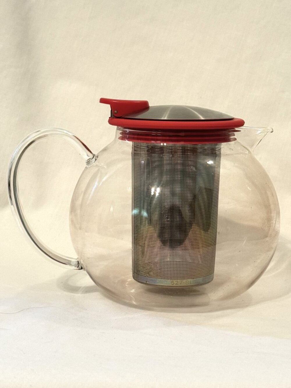 Forlife Bola Glass Teapot w/ Stainless Steel Basket Infuser Red Lid Brewer 25 oz